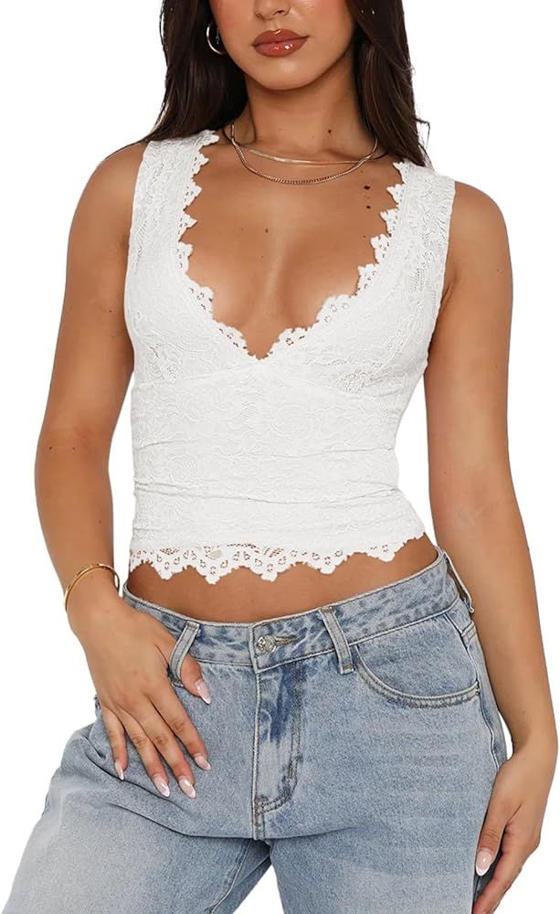 REORIA Womens Sexy V-Neck Sleeveless Double Lined Going Out Y2K Trendy Lace Cropped Tank Tops | Amazon (US)