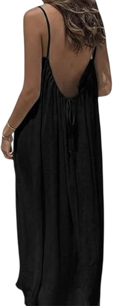 Backless Cami Dress for Women Sleeveless Spaghetti Strap Flowy Maxi Sundress Tie Back Beach Vacat... | Amazon (US)