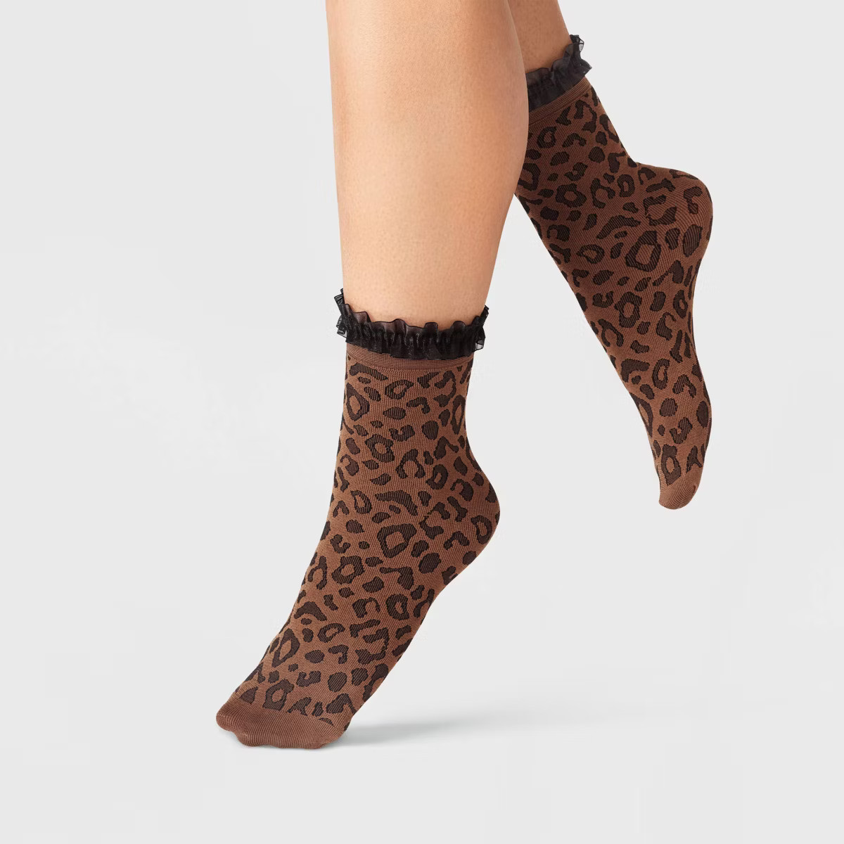 Women's Ruffle Trim Knit Leopard Print Anklet Socks - A New Day™ Brown/Black One Size | Target