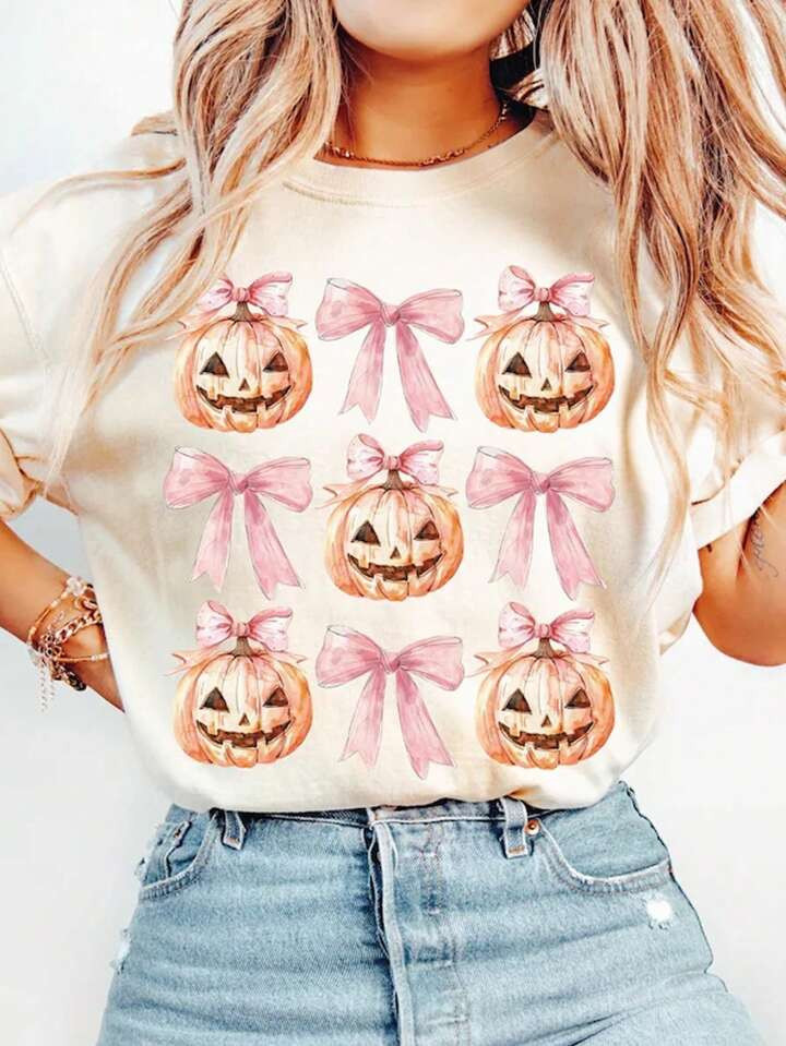 SHEIN EZwear Pumpkin Bow Decor Women's Round Neck Short Sleeve T-Shirt | SHEIN USA | SHEIN