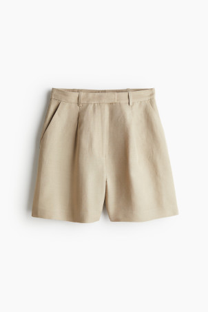 Linen-blend Shorts - High waist - Short - Light khaki green - Ladies | H&M US | H&M (US + CA)