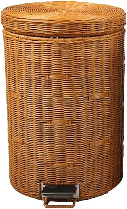 CUTMKGK Rattan Round Foot Pedal Trash Can with Lid,Kitchen Wicker Garbage Can Bedroom Retro Offic... | Amazon (US)