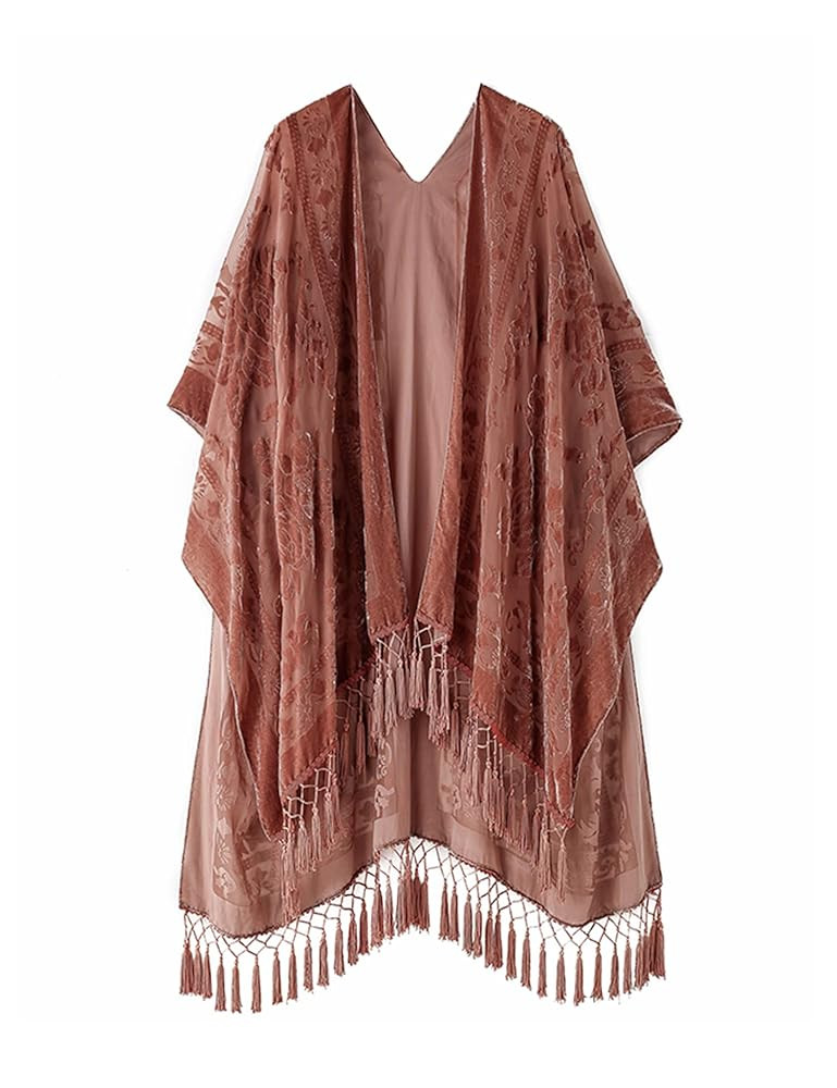 MJ SERECA Women's Burnout Velvet Kimono Long Cardigan Cover Up with Tassel | Amazon (US)