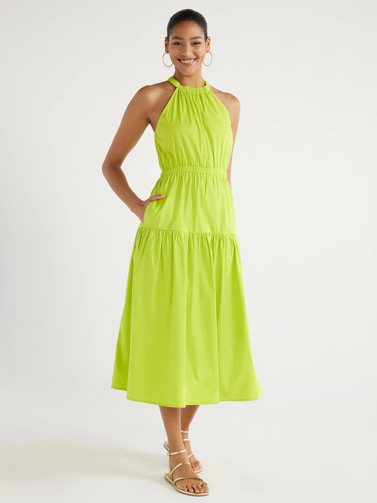 Scoop Women's Gathered Poplin Halter Dress, Sizes XS-XXL - Walmart.com | Walmart (US)