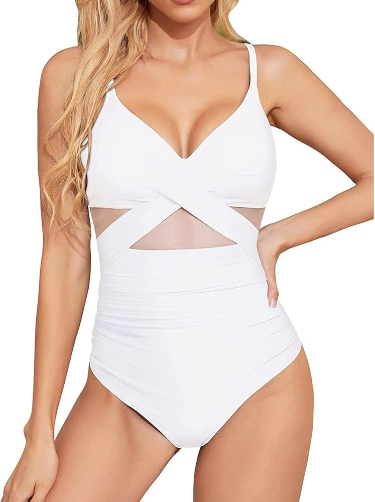 Tempt Me Women One Piece Tummy Control Swimsuits Push Up Bathing Suits Cutout Mesh Front Cross Swimw | Amazon (US)