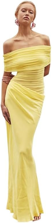 Women Off Shoulder Bodycon Maxi Dress Layered Mesh Ruched Hollow Out Party Formal Wedding Guest D... | Amazon (US)