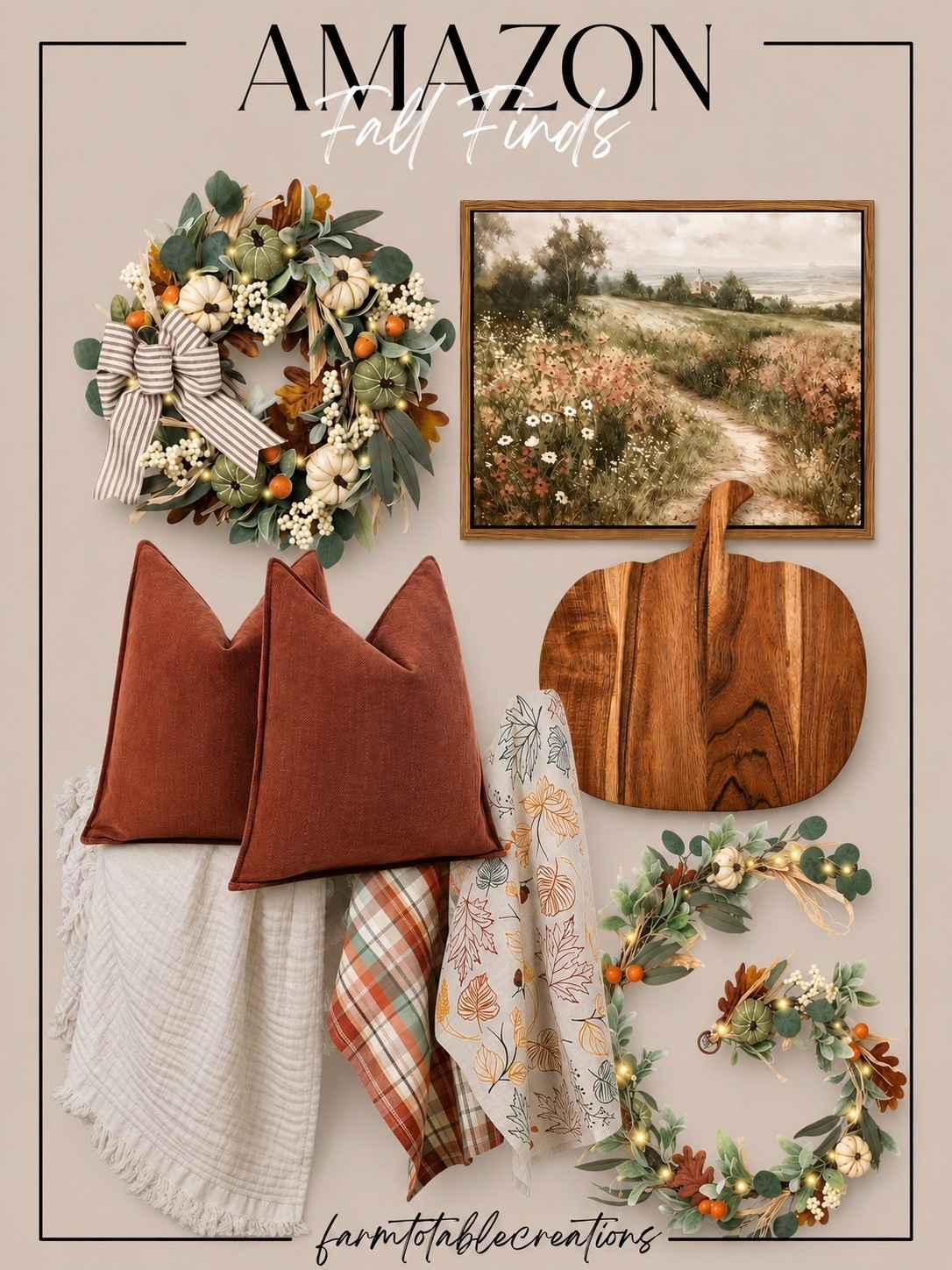 Bringing in those warm fall layers 🍂
Follow @farmtotablecreations on Instagram for more cozy seasonal finds.

These Amazon fall pieces are giving all the harvest vibes—textured rust pillows, cozy throws, a dreamy floral landscape print, and wreaths that feel hand-foraged. I even threw in a wood pumpkin board because… pumpkin spice season is a whole mood. ✨

#amazonhome #fallfinds #fallwreath #fallpillows #falldecor #amazonmusthaves #cozyhome #seasonaldecor #amazonfall #homedecorfavorites

#LTKHome #LTKSaleAlert #LTKSeasonal