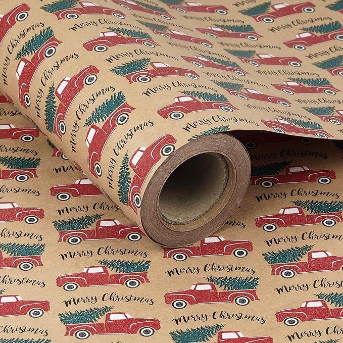 RUSPEPA Christmas Wrapping Paper, Kraft Paper - Car and Christmas Tree Design - 24 inches x 100 f... | Amazon (US)
