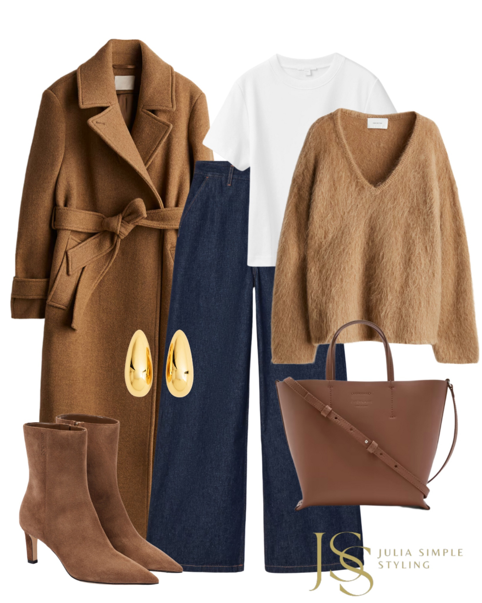 Camel coat styling, camel boots, mohair sweater, white t-shirt, dark blue denim trousers, brown linen bag 

#LTKOver40 #LTKSeasonal #LTKCyberWeek