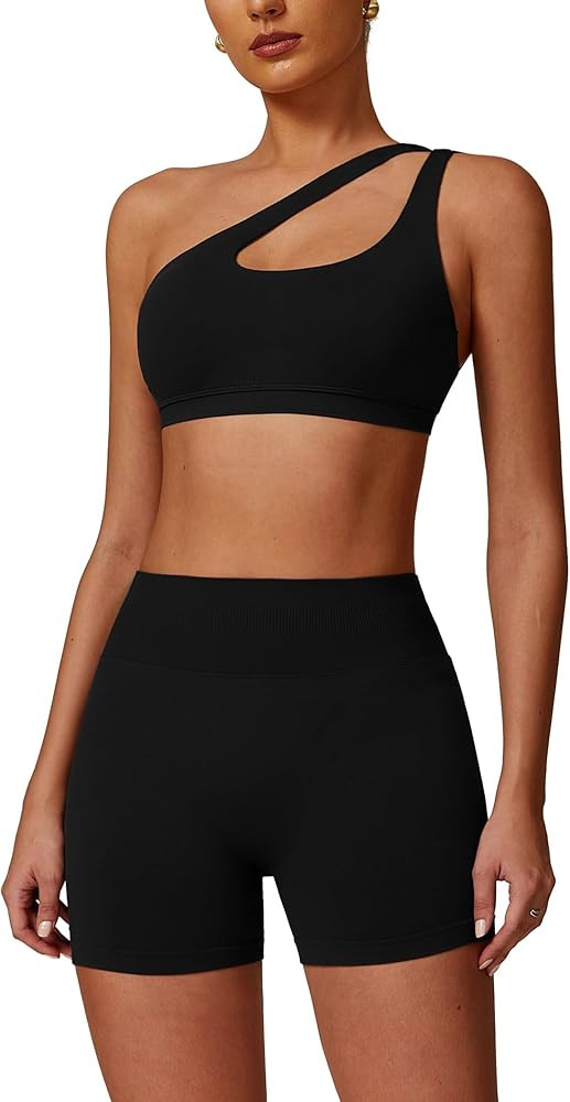 ABOCIW Workout Sets for Women Crossover High Waist Biker Shorts One Shoulder Sports Bra 2 Piece G... | Amazon (US)