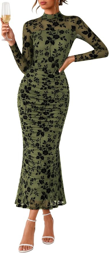 Lazysmile Women's Long Sleeve Floral Bodycon Elegant Ruched Mesh Maxi Dress | Amazon (US)