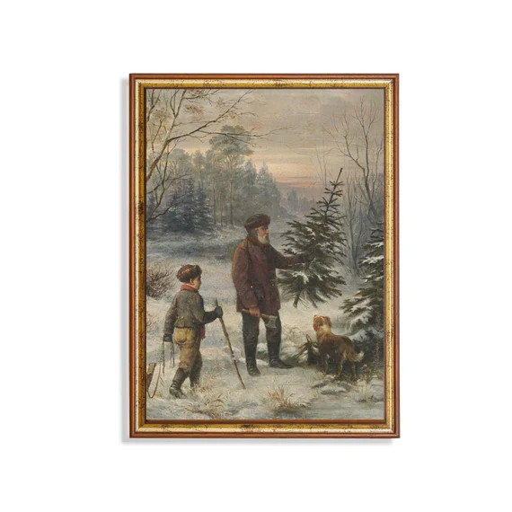 Vintage Winter Forest Oil Painting Father and Son Cut a Christmas Tree Antique Fine Art Print Ver... | Etsy (US)
