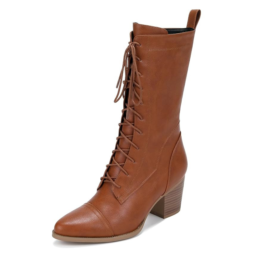 UTIKLIOU Women's Mid Calf Boots Lace up Combat Boots Leather Side Zipper Winter Boots Faux Fur Li... | Amazon (US)