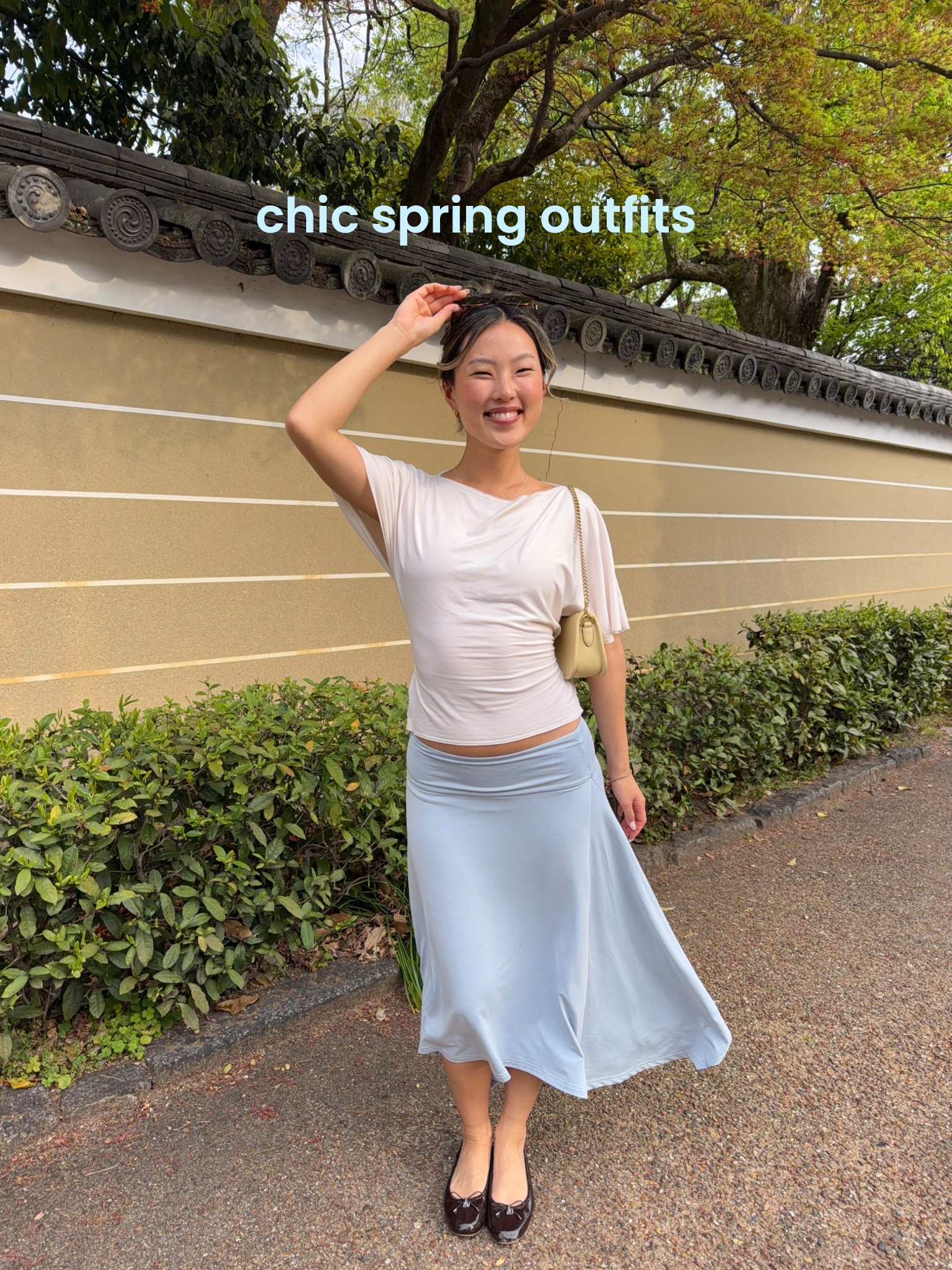 spring outfits 2026! 

top is an XS for reference, skirt is from white fox “tropic drift midi” in an XXS. loved pairing both of these flowy silhouettes together. 

spring outfits, reformation top, spring top, spring top essentials, midi skirt, midi skirt outfits 

