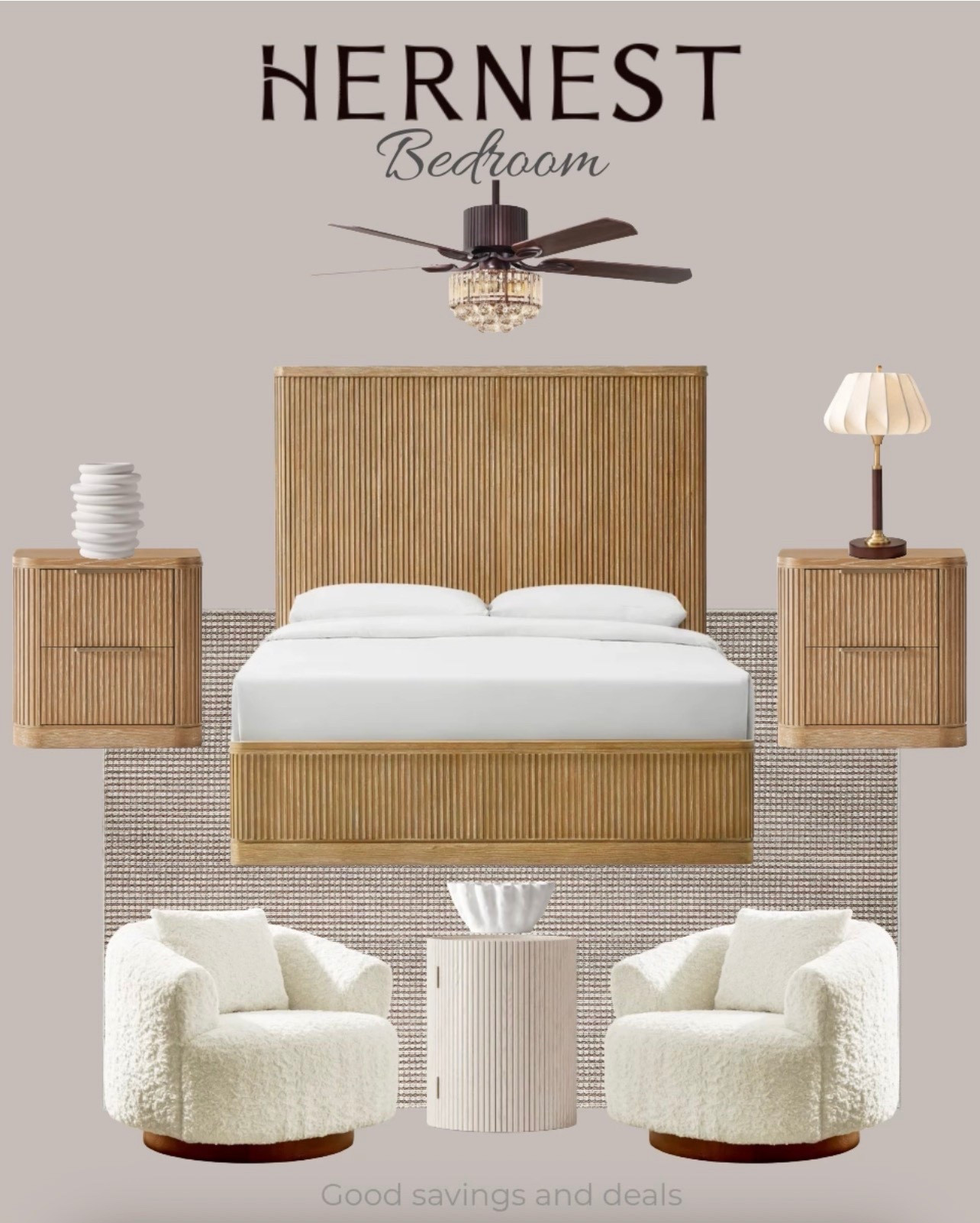 Organic modern bedroom.
HERNEST home. Fluted bed frame and nightstand. Ceiling fan with chandelier.
Modern accent decor. Timeless design. Warm and moody bedroom design. Calming aesthetics. Elevated home.
Use the code: LTK to get  $50 off on orders exceeding $500.

#LTKSaleAlert #LTKHome