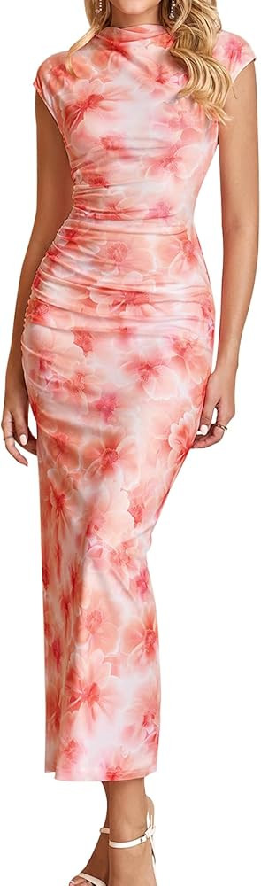 HTZMO Women Summer Floral Bodycon Maxi Dress Ruched Cap Sleeve Wedding Guest Formal Party Elegant... | Amazon (US)