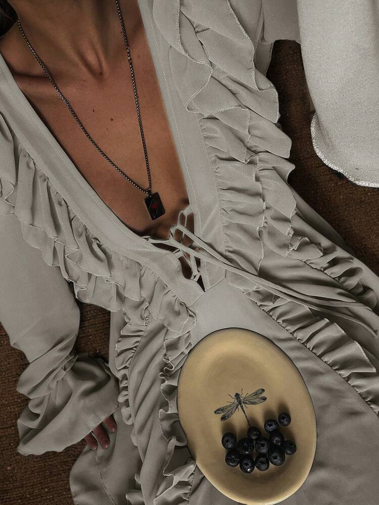 Romantic Luxury Multi-Layer Ruffle Hem Long Sleeve Cinched Waist Mini Short Dress, Boho V Neck Fl... | SHEIN