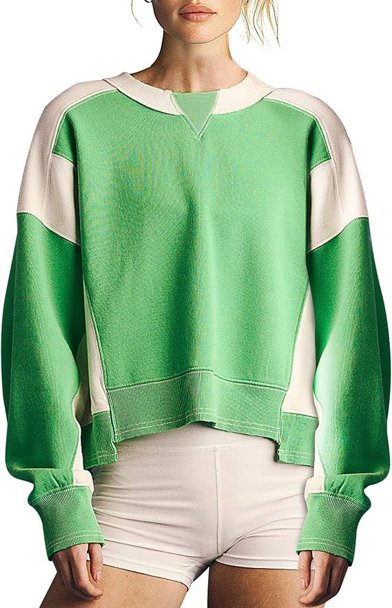 Women's Oversized Cropped Sweatshirts Intercept Colorblock Pullover Crewneck Workout Sweater 2024... | Amazon (US)