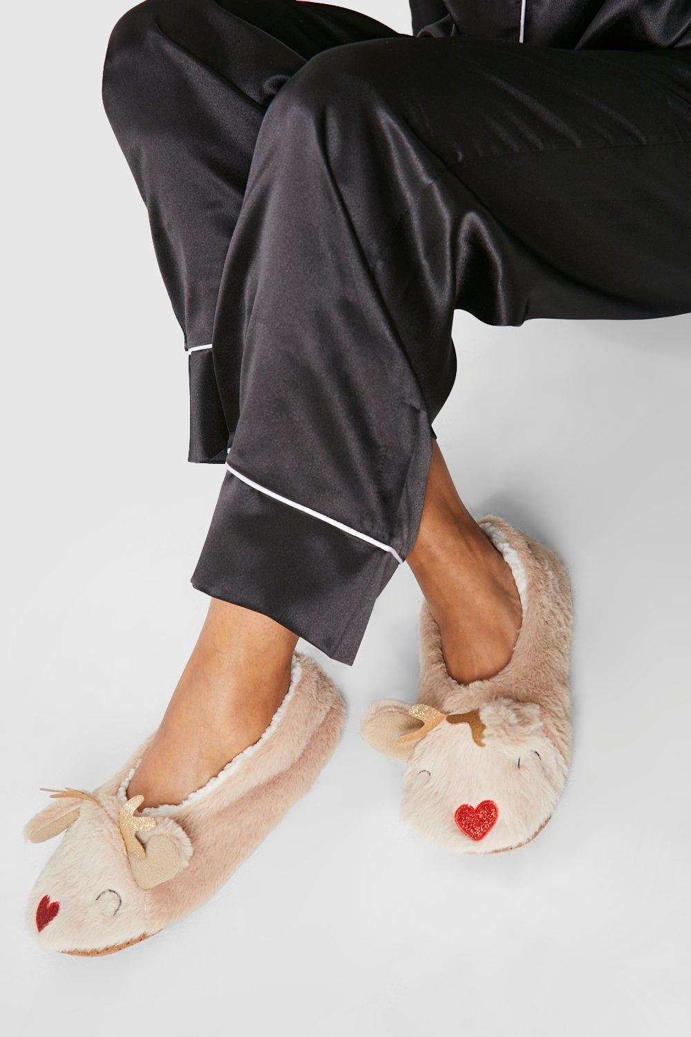 Womens Reindeer Fluffy Slipper - Brown - M | Boohoo.com (US & CA)