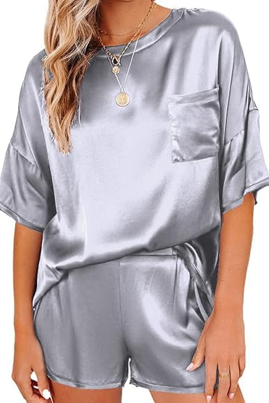 Ekouaer Satin Pajamas for Women Short Sleeve Silk Pajama Sets Soft Sleepwear Top with Causal Pj S... | Amazon (US)