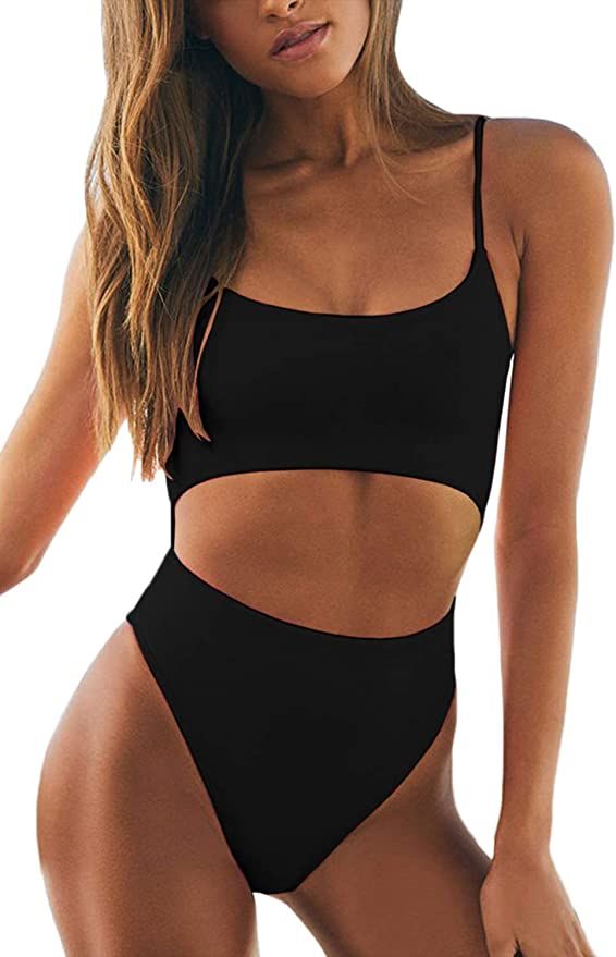 Meyeeka Womens Scoop Neck Cut Out Front Lace Up Back High Cut Monokini One Piece Swimsuit | Amazon (US)