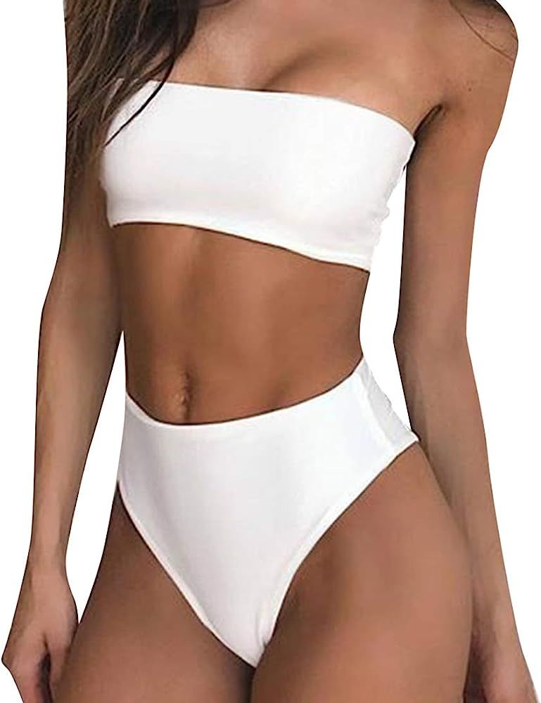 Women High Cut Bandeau Tropical Leaf Printed Strapless Swimsuits Bikini Set | Amazon (US)
