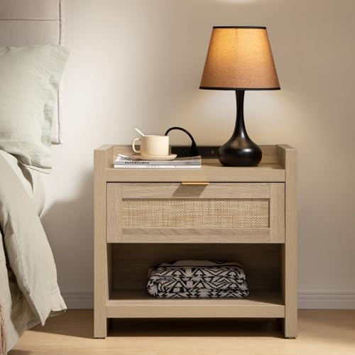 SICOTAS Rattan Nightstand End Table - Boho Night Stand Bedside Table with Type-C Charging Station, Wicker Decor Drawer Storage Cabinet Night Stand for Bedroom - Light Oak | Amazon (US)