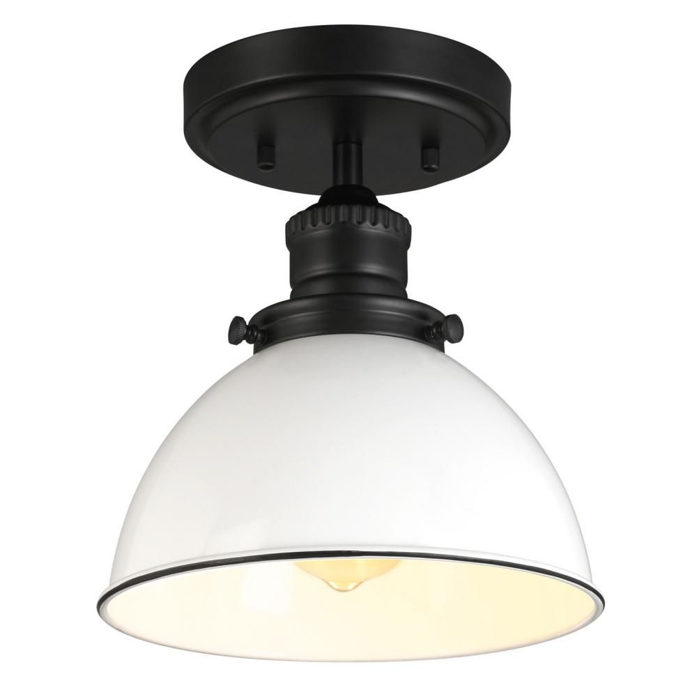 Design House Savannah Farmhouse 8 in. 1-Light Matte Black with White Shade Semi-Flush Mount Light | The Home Depot