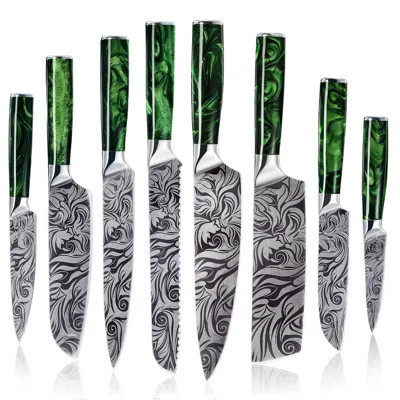Senken Knives 8-Piece 'Wasabi' Japanese Kitchen Knife Set With Engraved Blade Pattern & Green Resin Handles | Wayfair North America