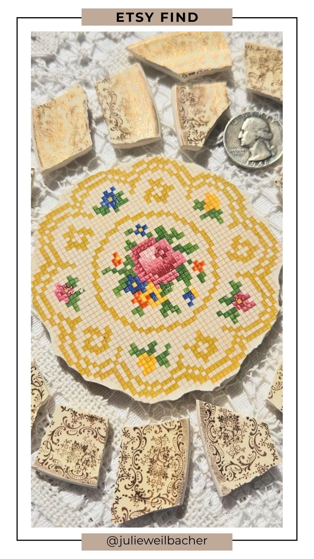 This crosshatch centerpiece tile from a dinner plate is a beautiful blend of traditional needlework and mosaic artistry. ✨ Featuring a classic cross-stitch-inspired design with elegant gold accents, it makes a stunning focal point for mosaics, mixed media art, backsplashes, tabletops, mirrors, and wall decor. When working on larger projects, a statement piece like this can help anchor your design while adding color, pattern, and visual interest.

For mosaic tips, tutorials, inspiration, and so much more please visit my YouTube channel: YouTube.com/julieweilbacher, and follow @julieweilbacher on Instagram for all things mosaic art.

#mosaic #crossstitch #needlepoint #mixedmediaart #etsy #homedecor #backsplash #mosaictable #ceramictiles #diydecor

#LTKHome