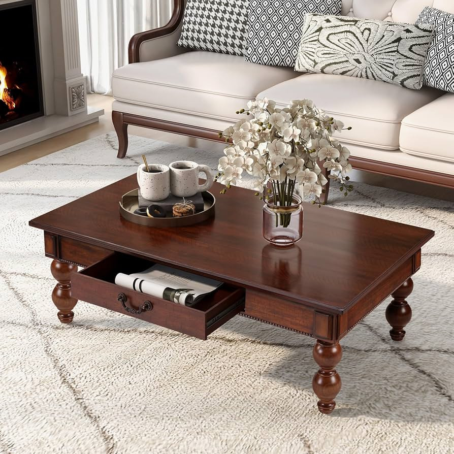 KEIKI 47''L Solid Wood Coffee Table with Storage Drawer, Rectangular Traditional Vintage Cocktail... | Amazon (US)