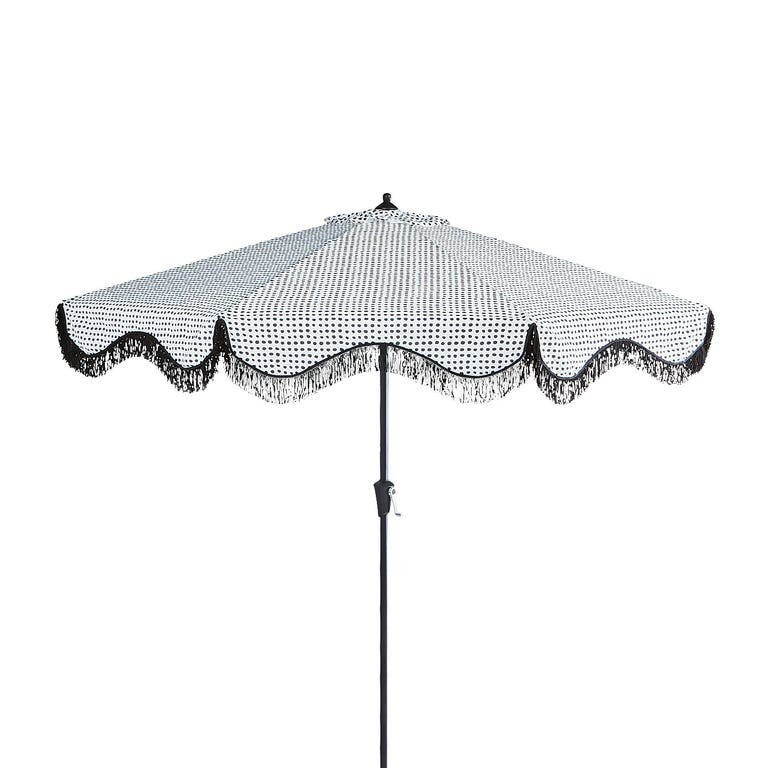 9' Black & White Dot Print Steel Umbrella with Fringe | Pier 1 Imports