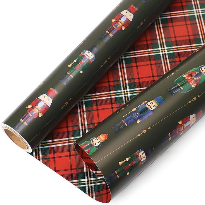 Ribbli Christmas Wrapping Paper Mini Roll Reversible Vintage Nutcracker and Tartan Plaid Gift Wra... | Amazon (US)