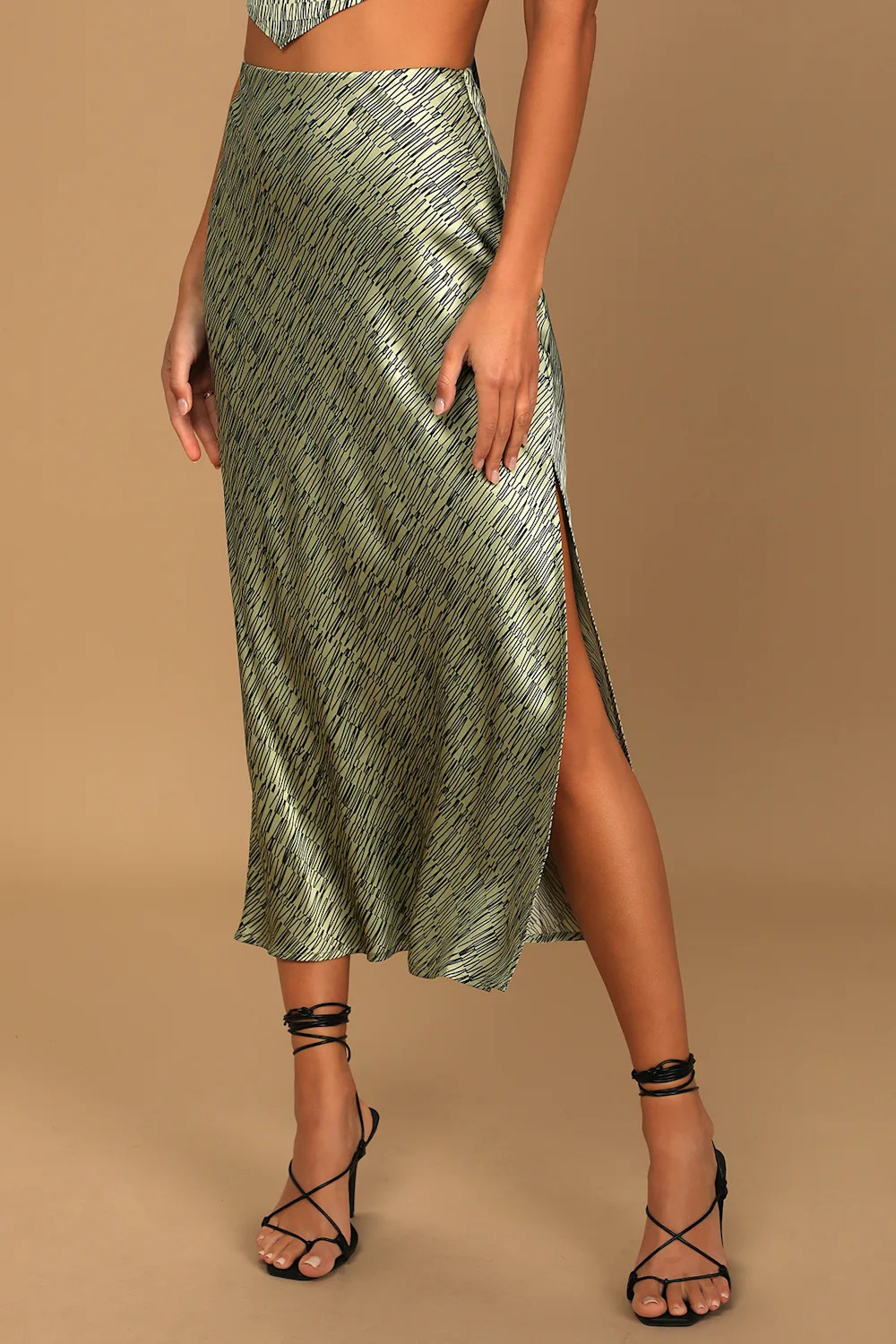 Statement Making Green Print Satin High Waisted Midi Skirt | Lulus (US)