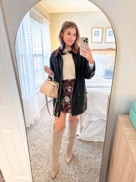 Rainy day date night fit! Wearing a 6 in coat! Couldn’t find sweater online, it’s Lulelemon! Linked similar. Wearing a 2/XS in skirt 

Date night // boots // cowgirl boot // barbour jacket 

#LTKSeasonal #LTKstyletip