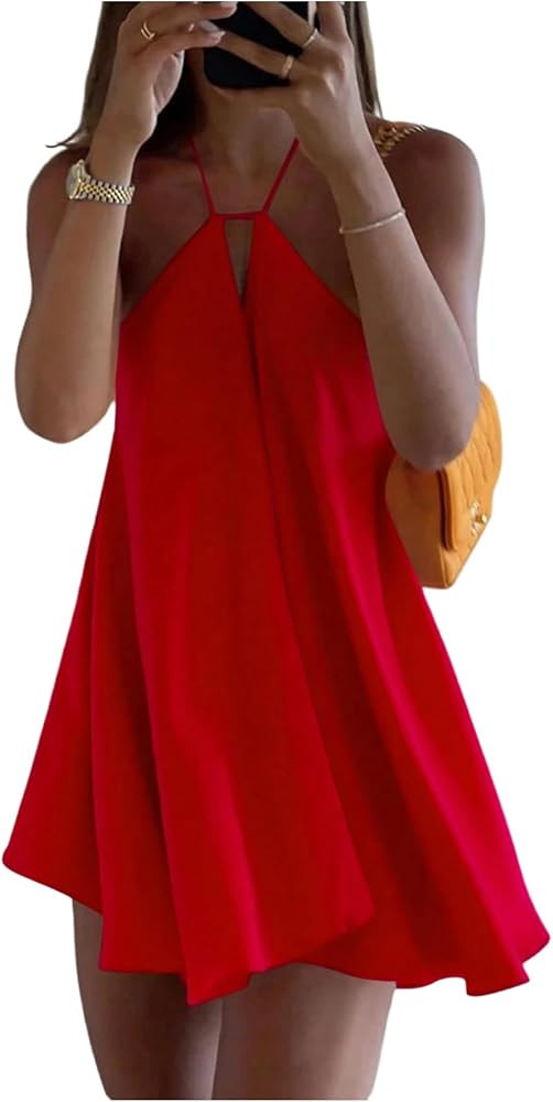SOLY HUX Women's Mini Dress Halter Neck Sleeveless Tie Backless Swing Flowy Beach Dresses Summer ... | Amazon (US)