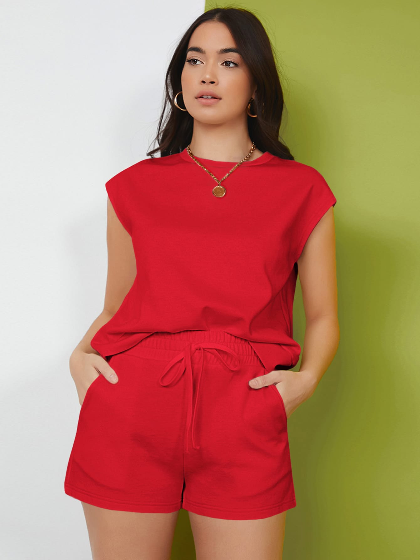 SHEIN Essnce Solid Top & Track Shorts Set | SHEIN