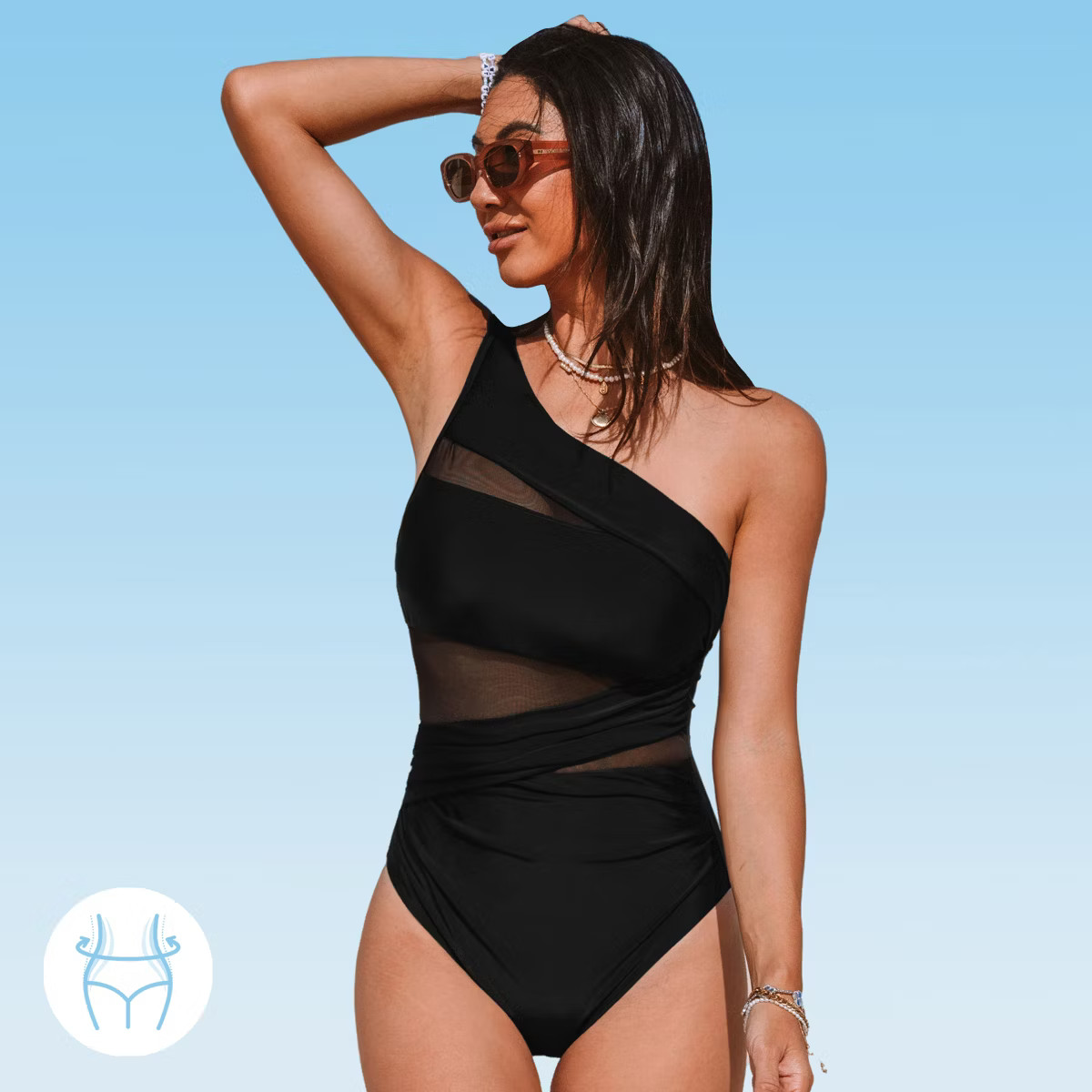 Women's Mesh One Shoulder Tummy Control One-Piece Swimsuit - Cupshe-M-Black | Target