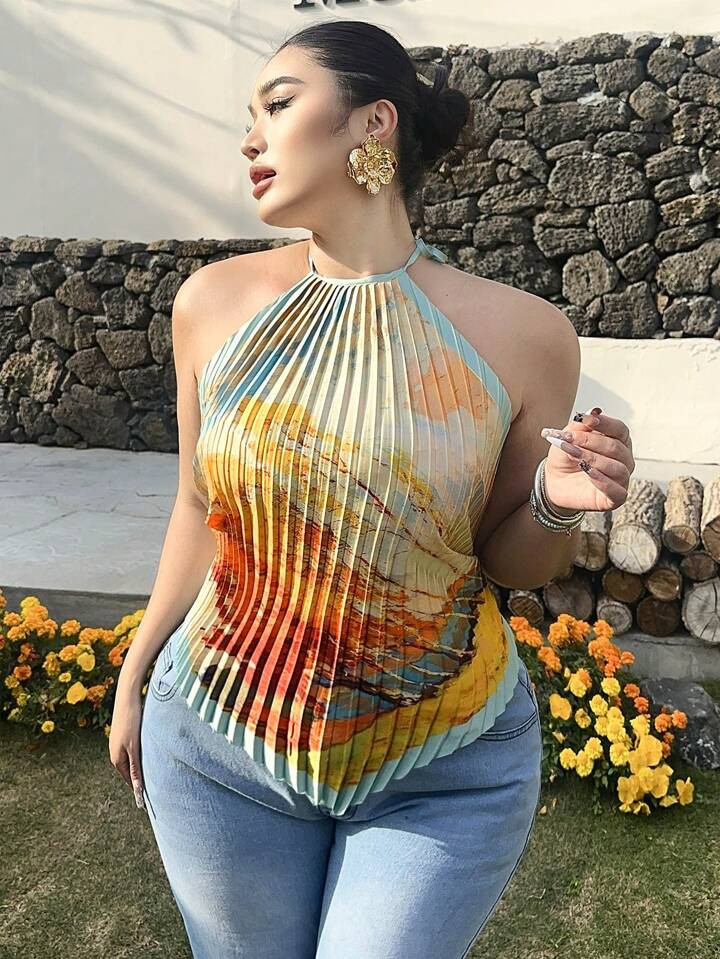 Celure Plus Size Satin Vintage Artistic Tie-Dye Print Frill Halter Neck Backless Blouse | SHEIN