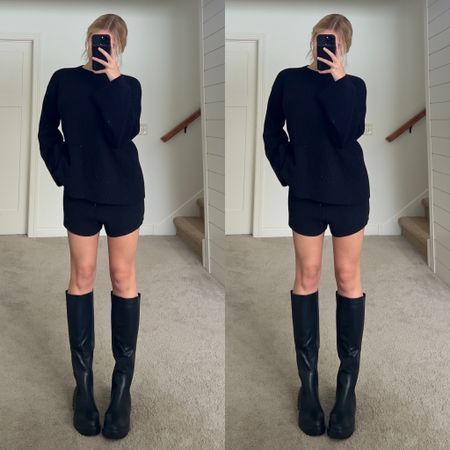Matching knit set and boots! Wearing size small in the top, XS in the shorts, and U.S. 8.5 for boots! 