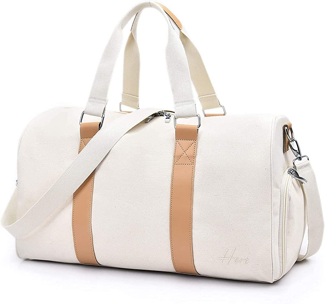 Weekender Bag for Women Travel - Cute Canvas Duffle Bag, White Carry On Small Overnight Shoe Comp... | Amazon (US)