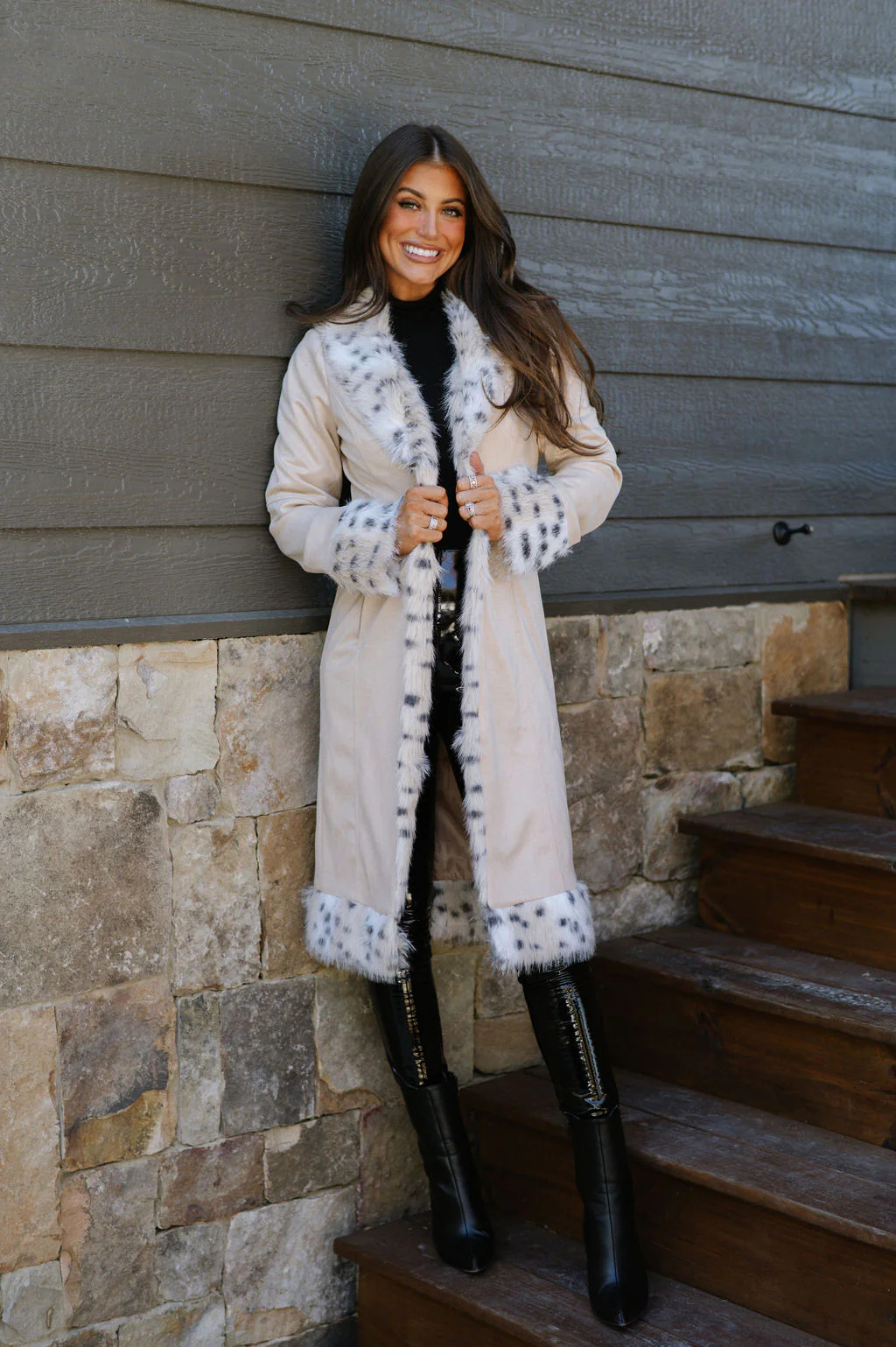 Leopard Fur Trim Suede Coat-Bone | These Three