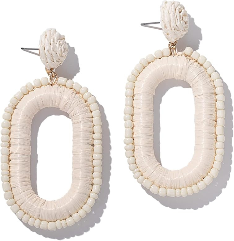 Beaded Raffia Boho Earrings - Cute Seed Bead Square Drop Dangle Earrings for Summer | Amazon (US)