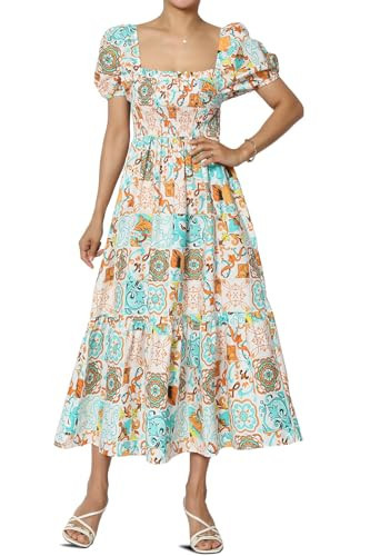 TheMogan Women's Bohemian Floral Midi Dress Summer Puff Sleeve Smocked Square Neck Tiered A-Line Dress Mint M | Amazon (US)