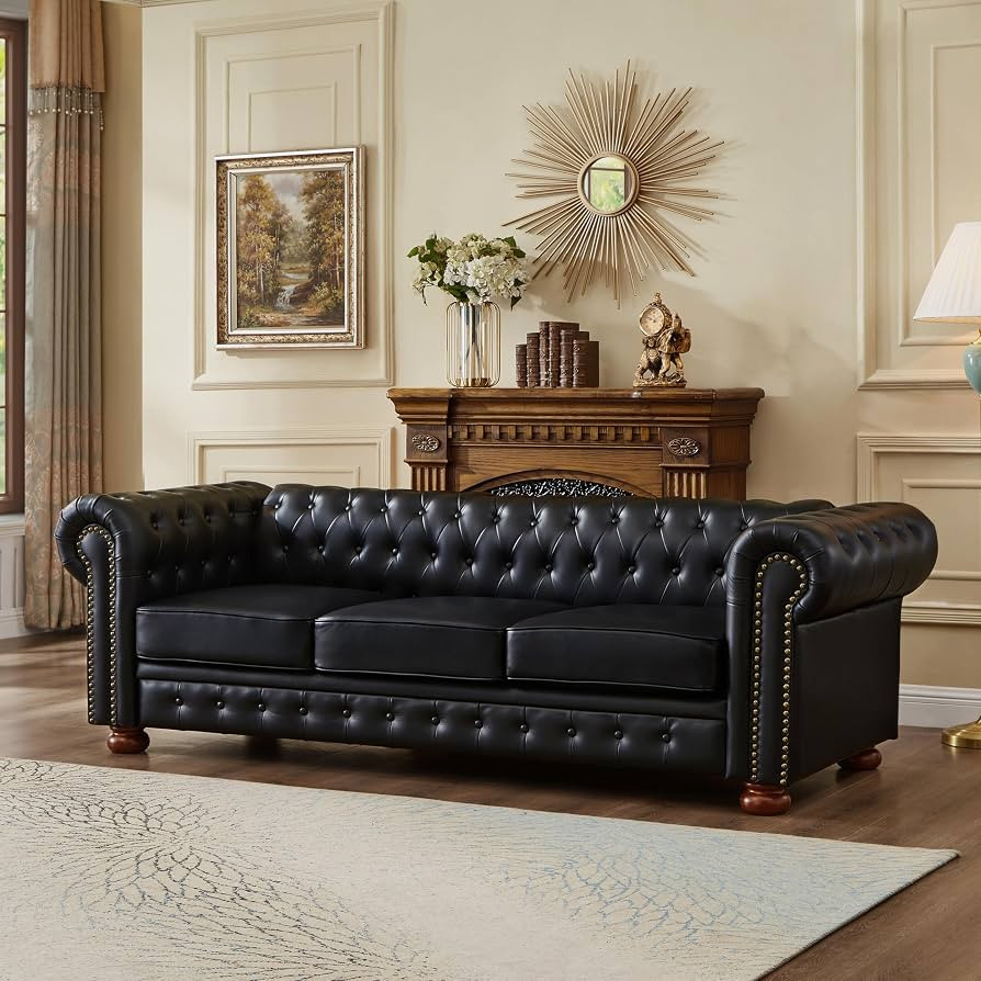 Chesterfield Leather Sofa, 89" Mid Century Modern Couch with Low Back, Roll Arm Nailhead Trim Cla... | Amazon (US)