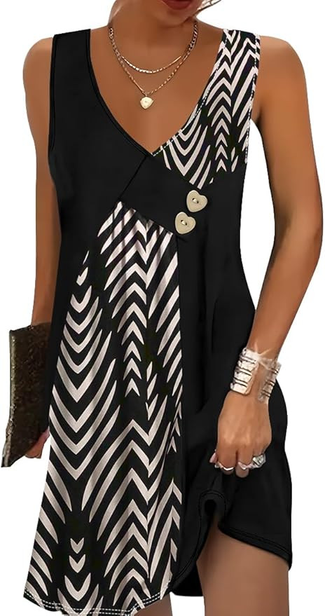 SAUKOLE Summer Dresses for Women Casual Sleeveless Asymmetric V Neck Buttons Sundress Loose with ... | Amazon (US)