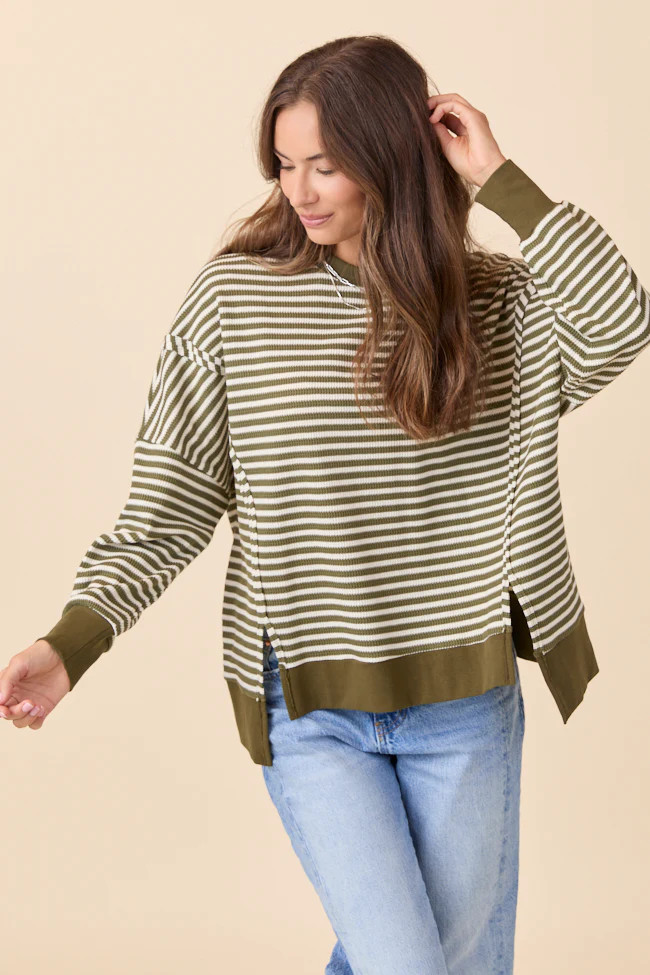 Kara Green Stripe Waffle Pullover | Pink Lily