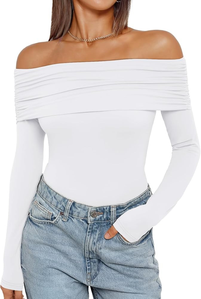 Trendy Queen Long Sleeve Off Shoulder Bodysuits for Women 2024 Slimming Fit Compression Backless ... | Amazon (US)