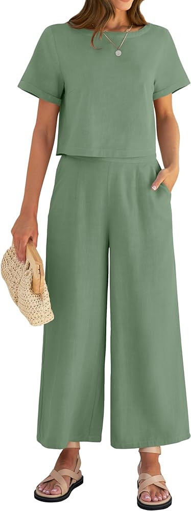 ZESICA Women's 2 Piece Outfits Linen Short Sleeve Crop Top and High Waist Pants Lounge Matching S... | Amazon (US)