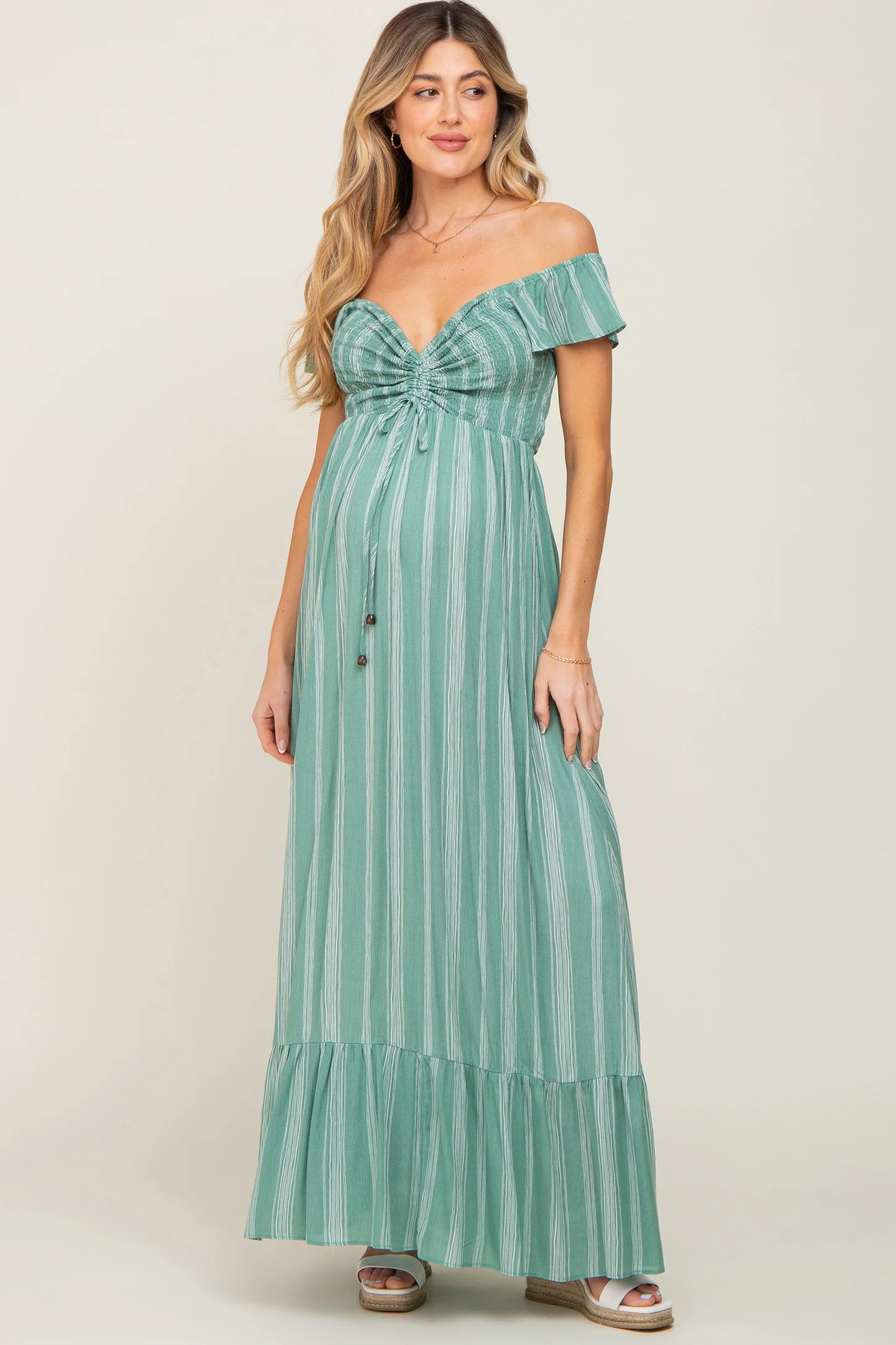 Green Striped Off Shoulder Front Tie Maternity Maxi Dress | PinkBlush Maternity